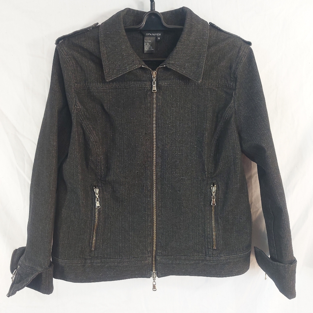 Spanner Black Denim Zippered Jean Jacket, Size 12